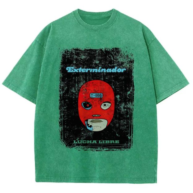 Vintage Lucha Libre Mask Robot Graphic Washed T-Shirt