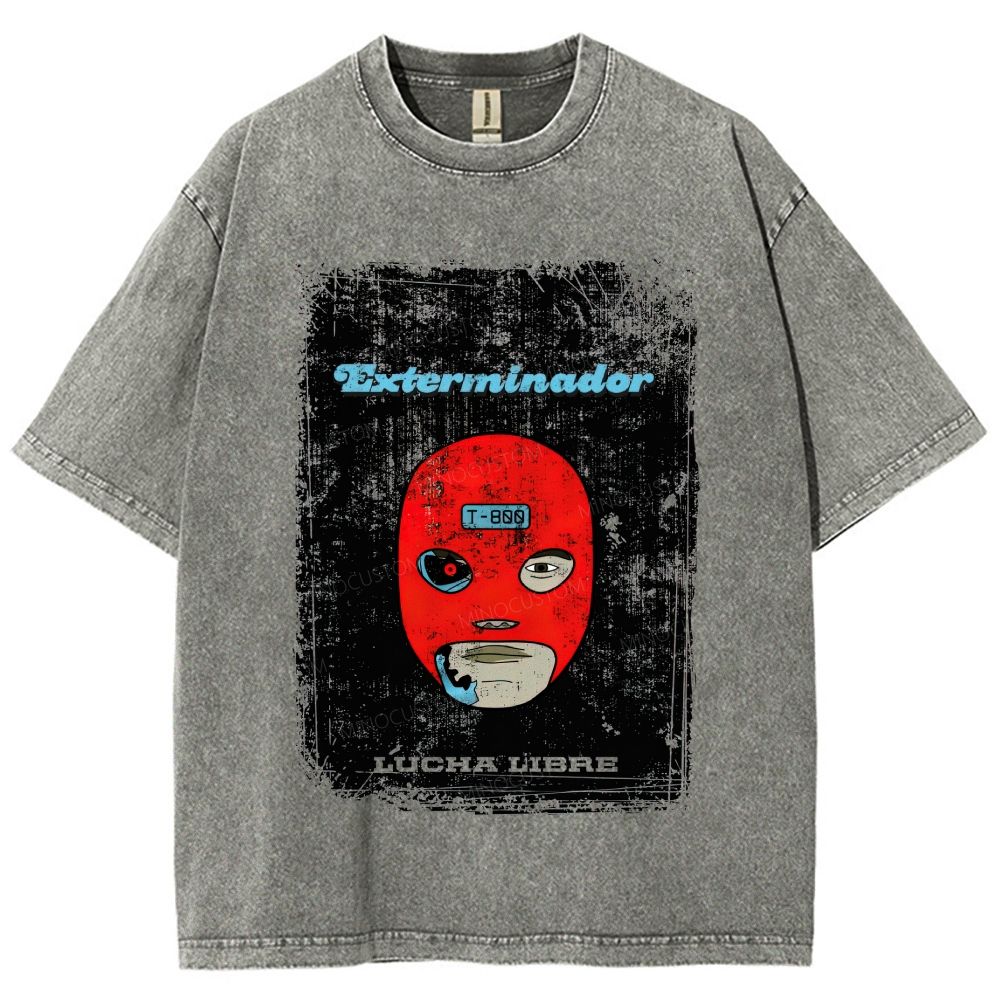Vintage Lucha Libre Mask Robot Graphic Washed T-Shirt