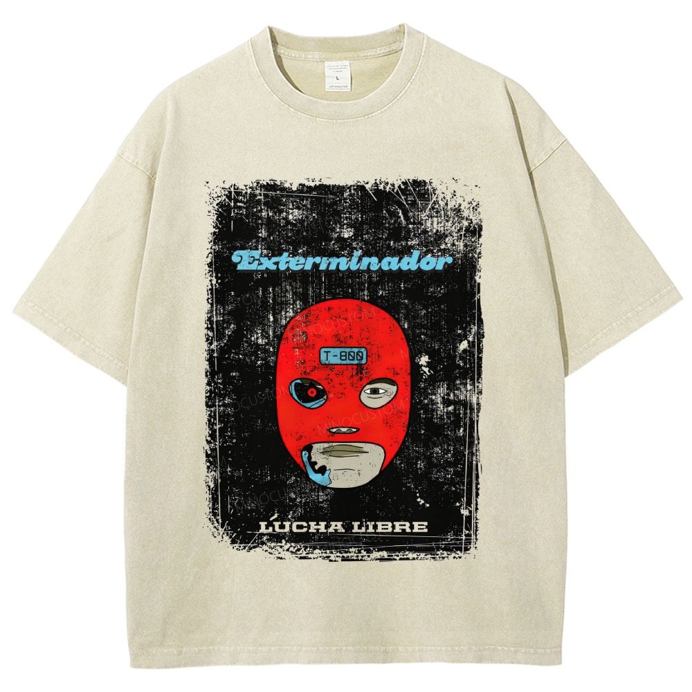 Vintage Lucha Libre Mask Robot Graphic Washed T-Shirt