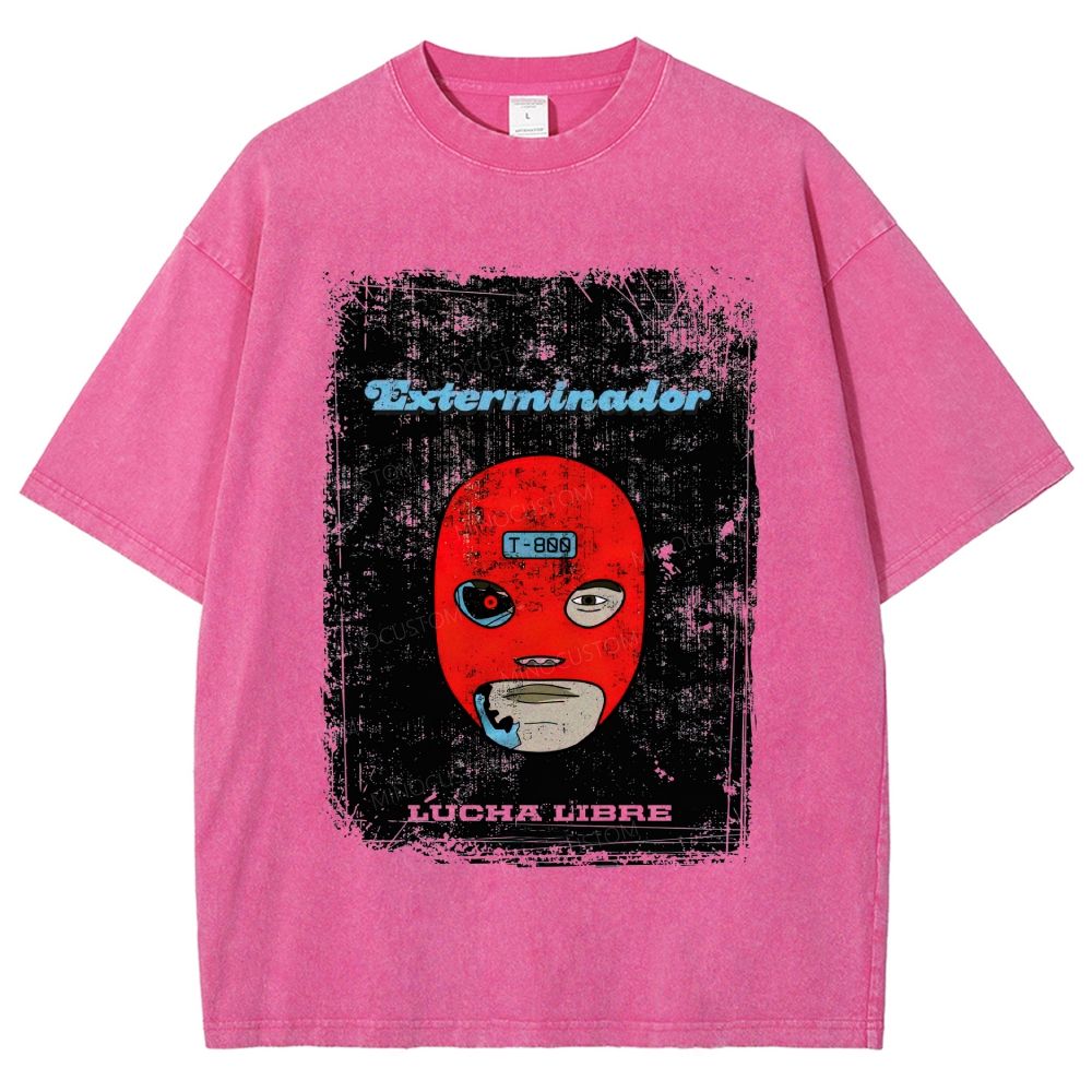 Vintage Lucha Libre Mask Robot Graphic Washed T-Shirt