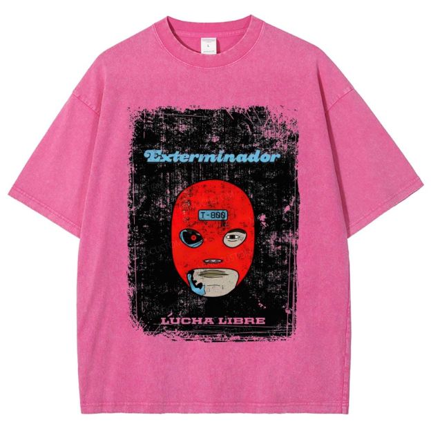 Vintage Lucha Libre Mask Robot Graphic Washed T-Shirt