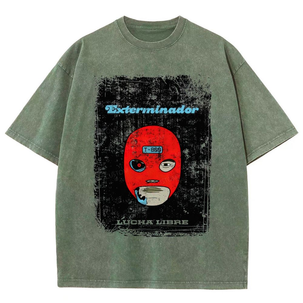 Vintage Lucha Libre Mask Robot Graphic Washed T-Shirt