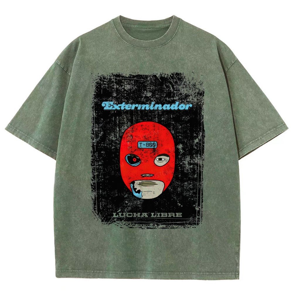Vintage Lucha Libre Mask Robot Graphic Washed T-Shirt