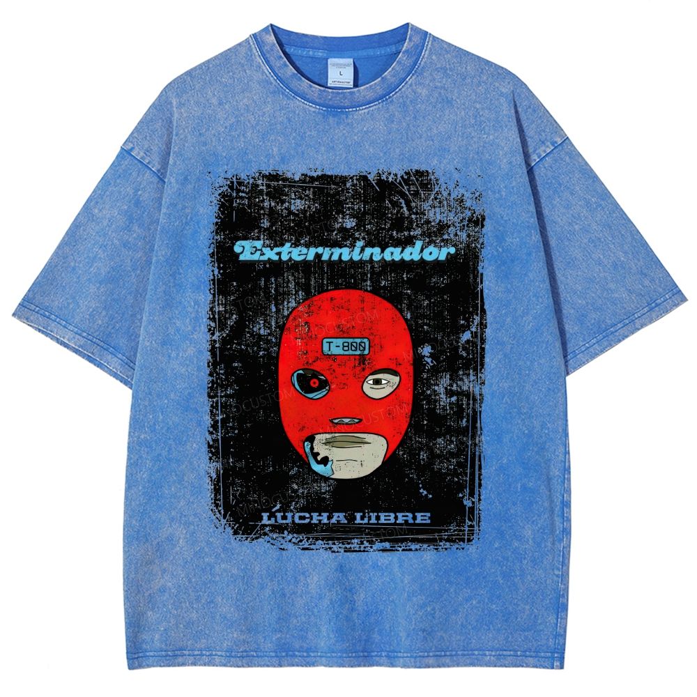Vintage Lucha Libre Mask Robot Graphic Washed T-Shirt