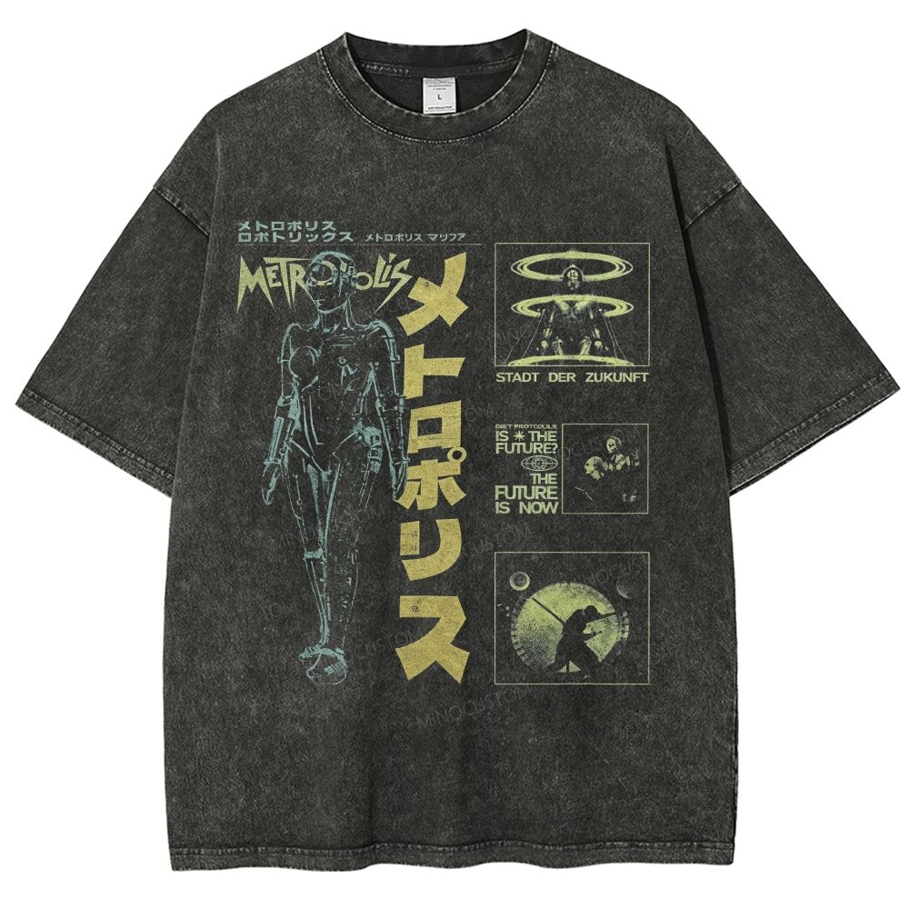Vintage Sci-Fi Robot Collage Graphic Washed T-Shirt