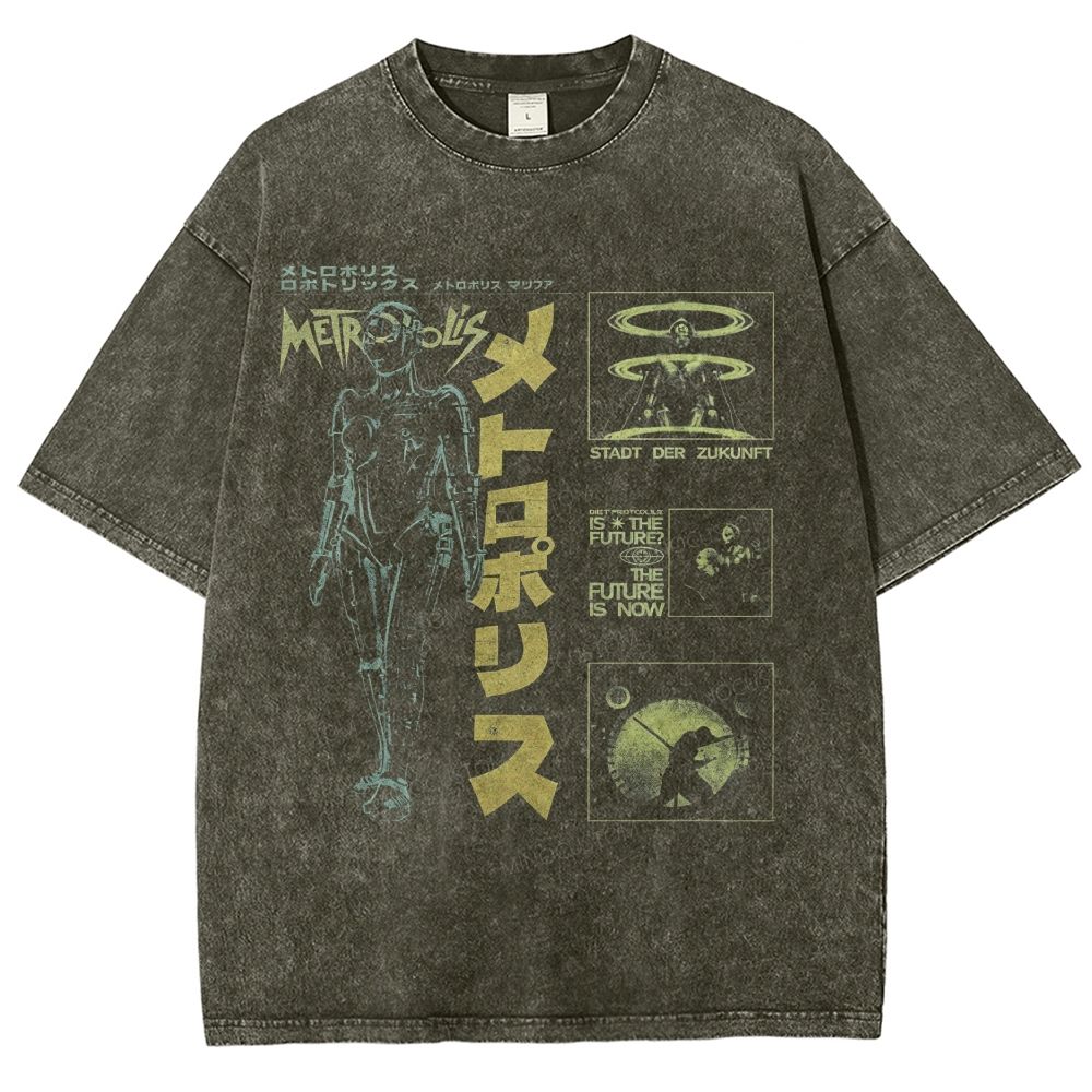 Vintage Sci-Fi Robot Collage Graphic Washed T-Shirt