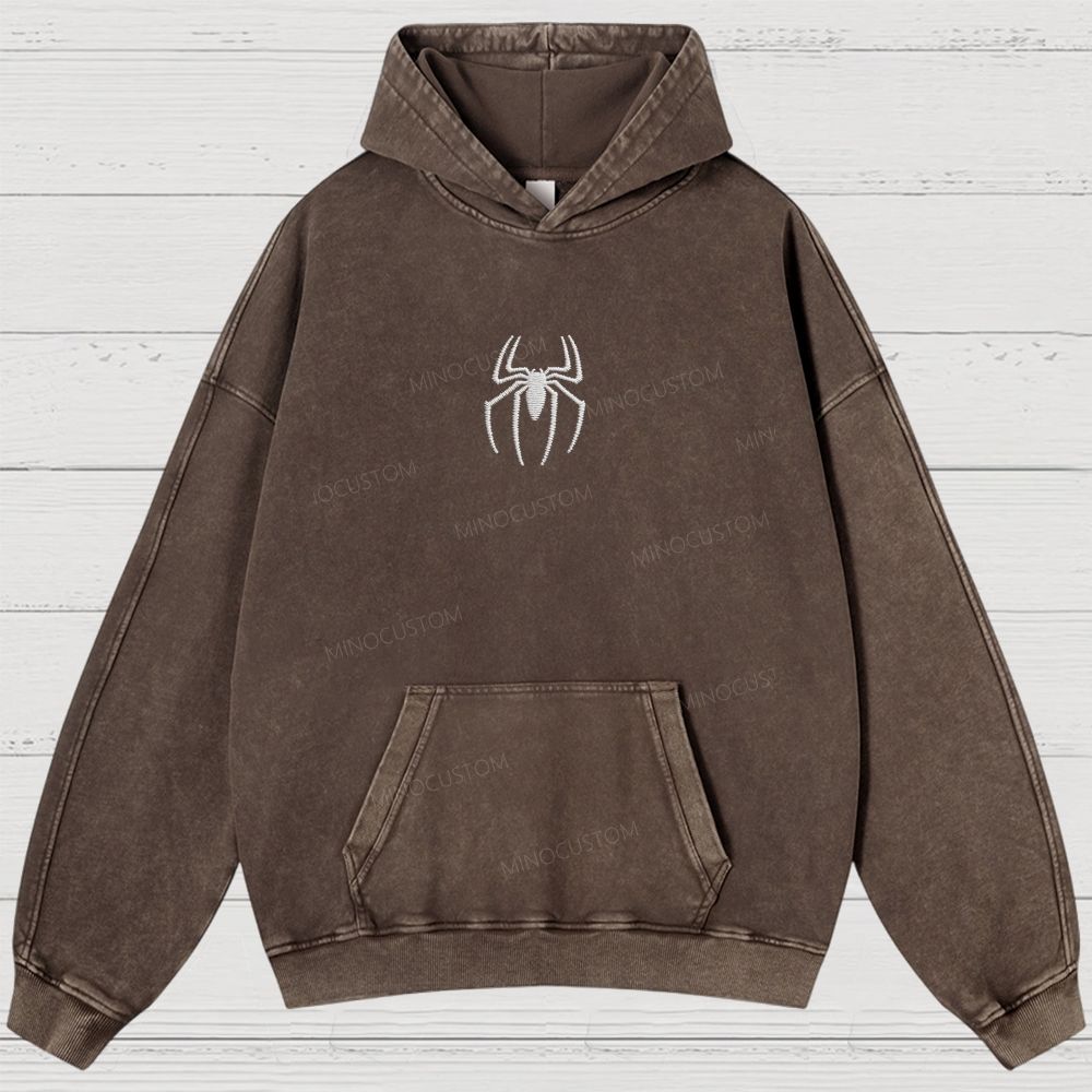 Embroidery Spider Logo Vintage Washed Hoodies 