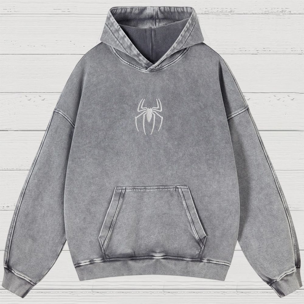 Embroidery Spider Logo Vintage Washed Hoodies 