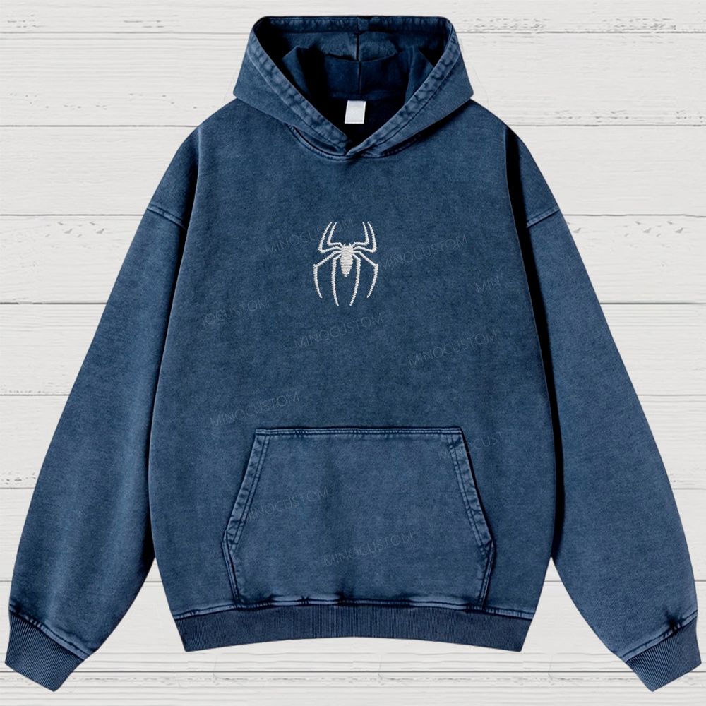Embroidery Spider Logo Vintage Washed Hoodies 