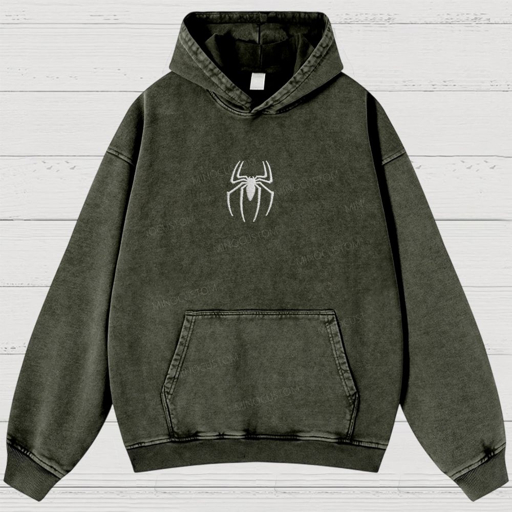 Embroidery Spider Logo Vintage Washed Hoodies 