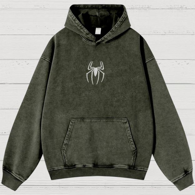 Embroidery Spider Logo Vintage Washed Hoodies 