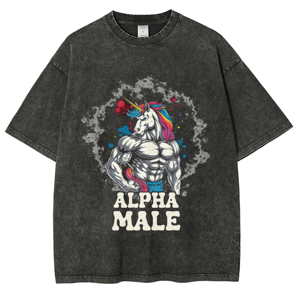 Funny Muscular Unicorn Alpha Male Washed T-Shirt