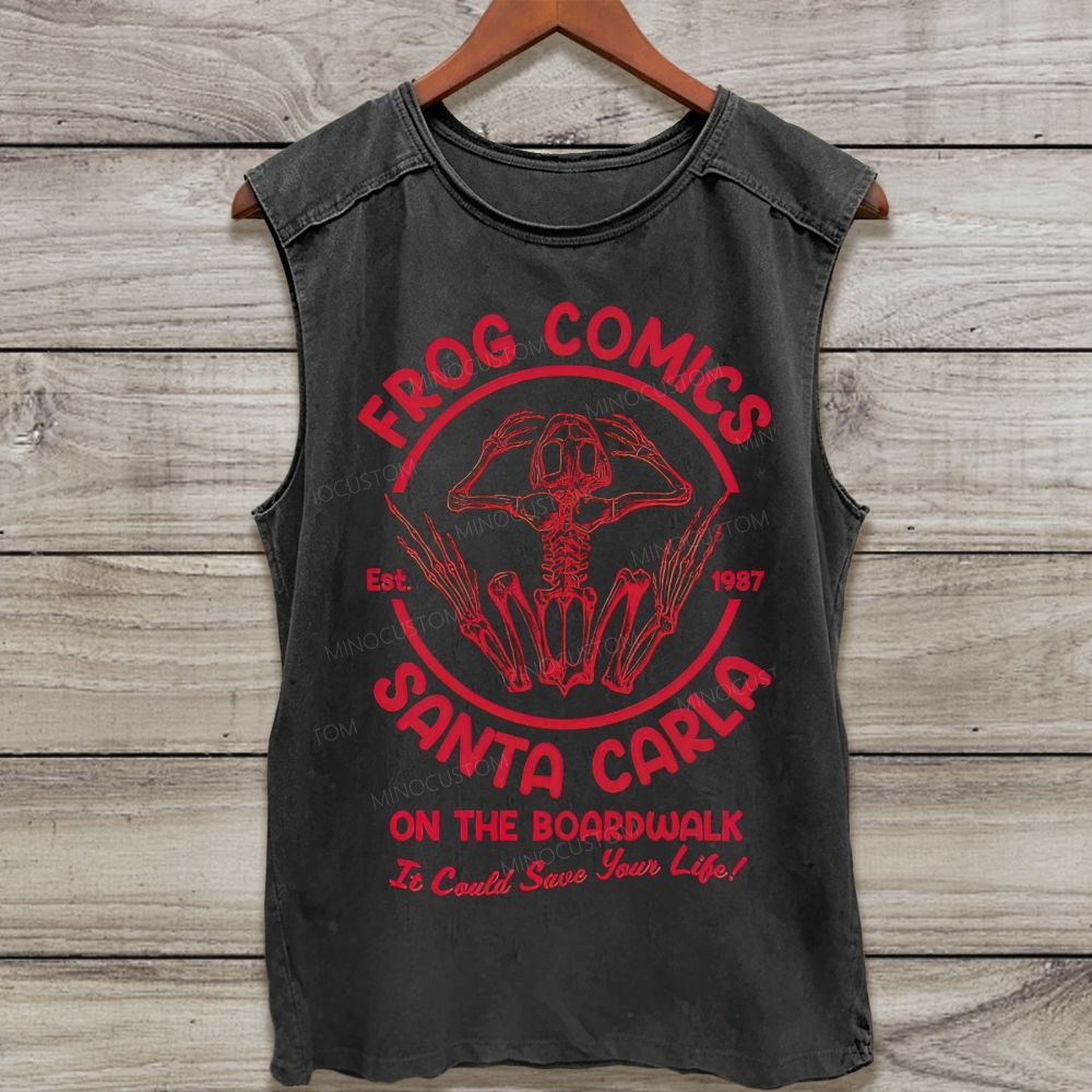Vintage Horror Skeleton Frog Retro Circle Logo Washed Tank Top
