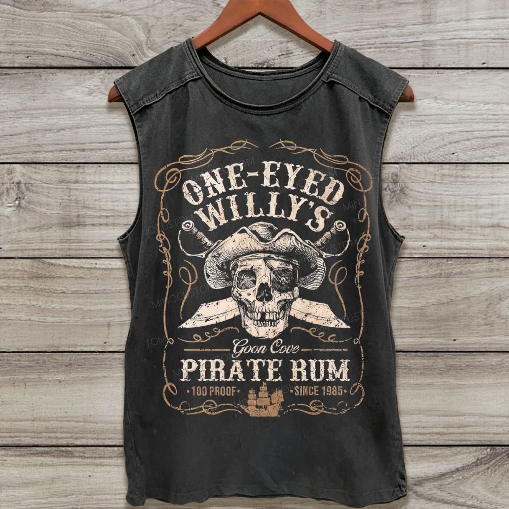 Vintage One‑Eyed Pirate Skull Rum Label Washed Tank Top