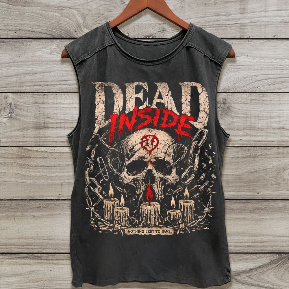Vintage Dead Inside Skull Candle Chain Graphic Washed Tank Top