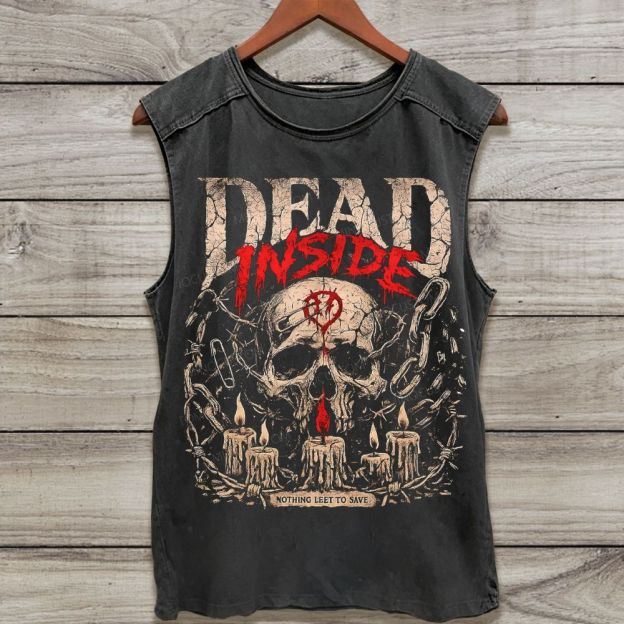 Vintage Dead Inside Skull Candle Chain Graphic Washed Tank Top
