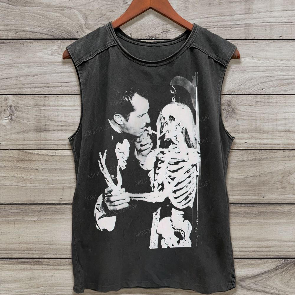 Vintage Black White Man Smoking With Skeleton Washed Tank Top