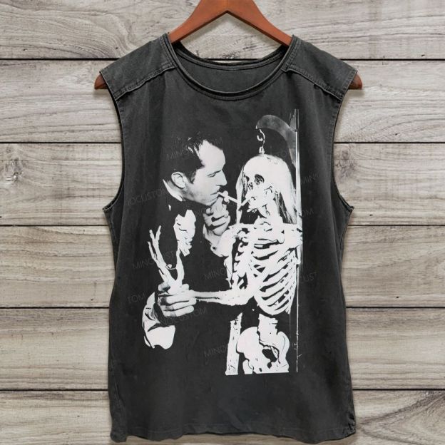 Vintage Black White Man Smoking With Skeleton Washed Tank Top