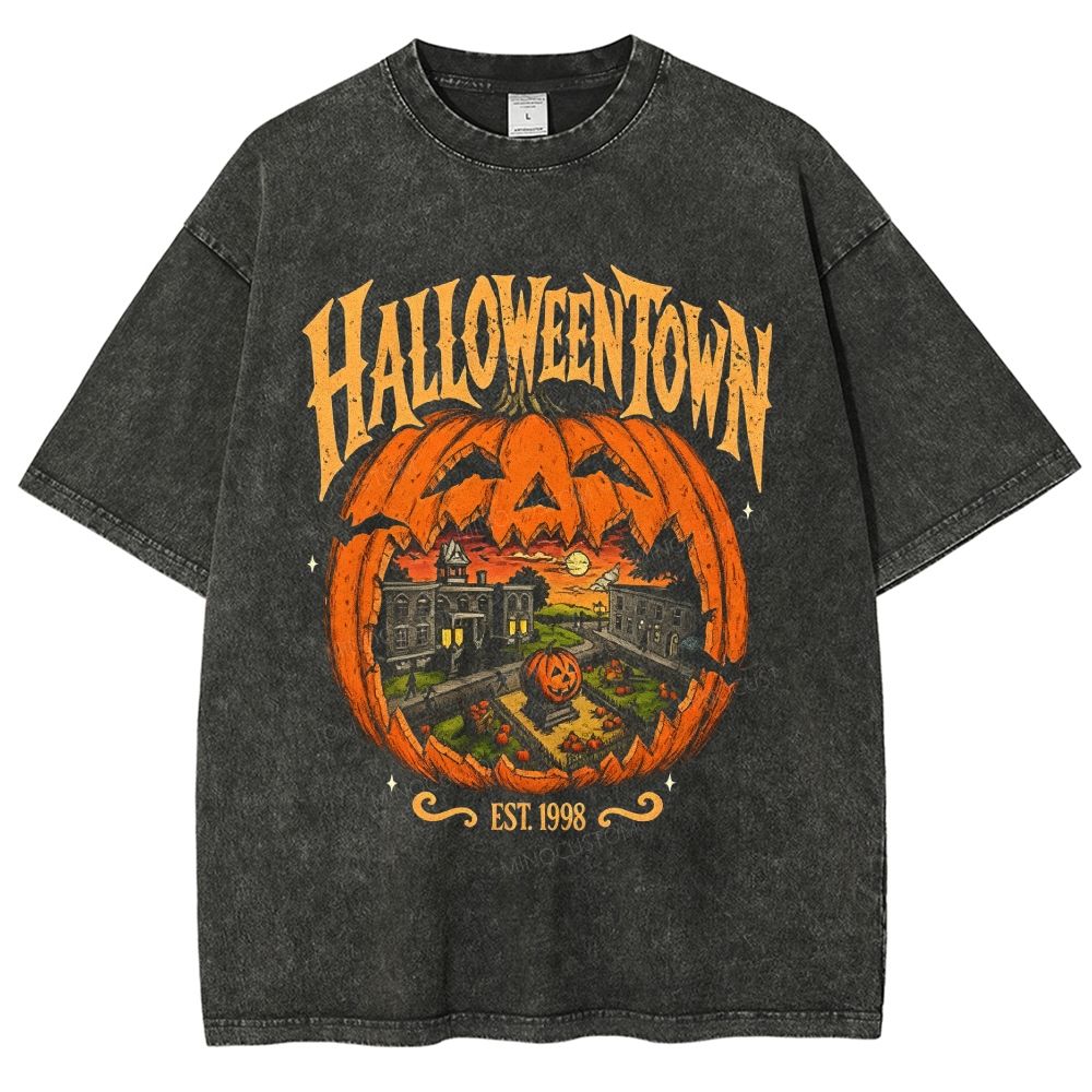 Vintage Halloween Pumpkin Town Washed T-Shirt