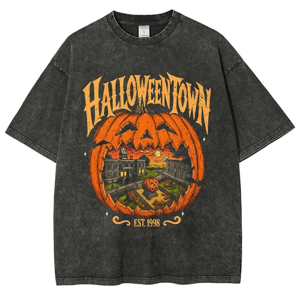 Vintage Halloween Pumpkin Town Washed T-Shirt