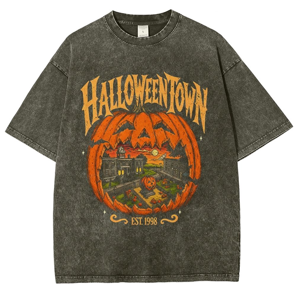 Vintage Halloween Pumpkin Town Washed T-Shirt
