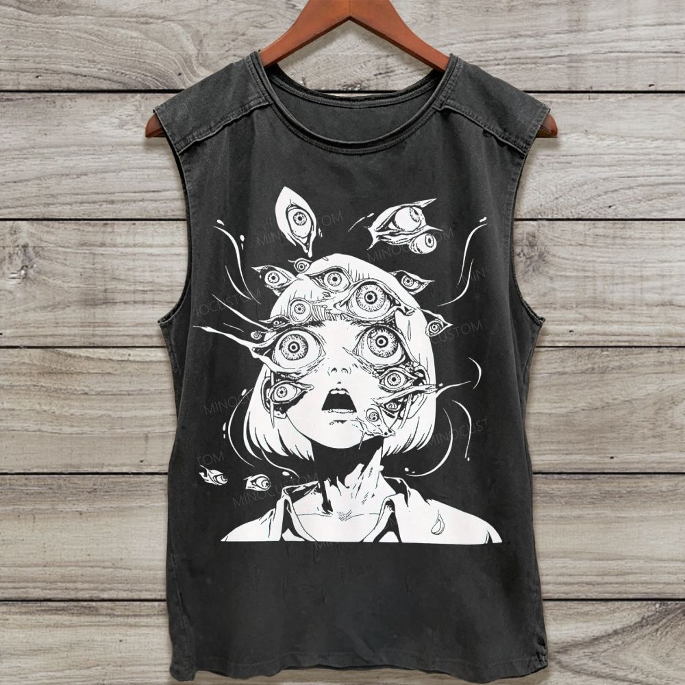 Surreal Multi Eyed Anime Girl Disturbed Dark Washed Tank Top