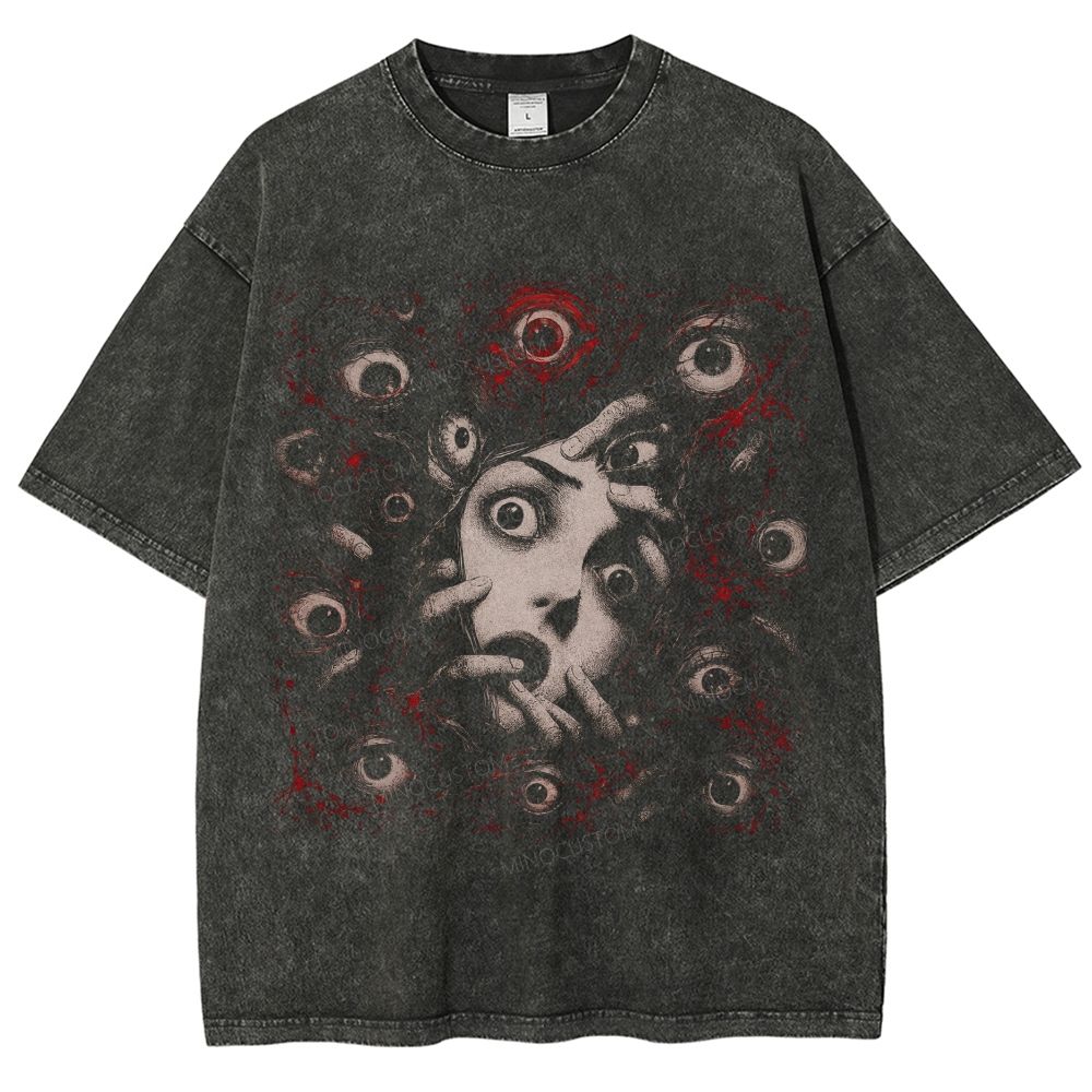 Frightened Surrounded Girl Bloody Multi Eye Dark Surreal Washed T-Shirt