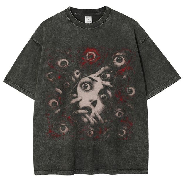 Frightened Surrounded Girl Bloody Multi Eye Dark Surreal Washed T-Shirt