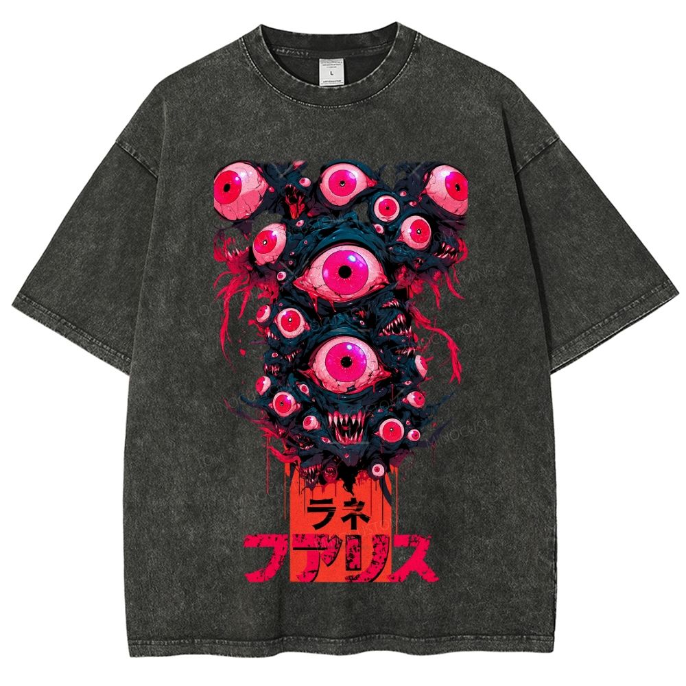 Mutant Multi Eyed Beast Neon Pink Japanese Washed T-Shirt