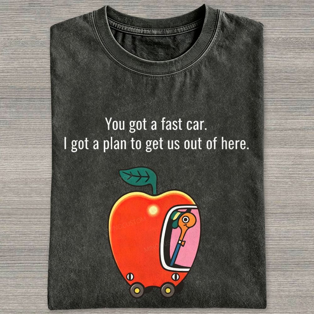 Cartoon Apple Car Whimsical Retro Graphic Washed T-shirt