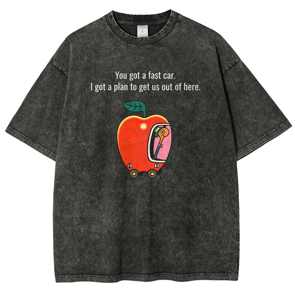 Cartoon Apple Car Whimsical Retro Graphic Washed T-shirt