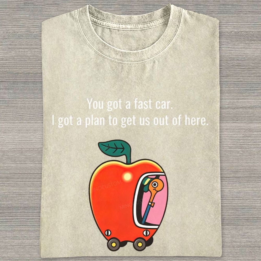 Cartoon Apple Car Whimsical Retro Graphic Washed T-shirt
