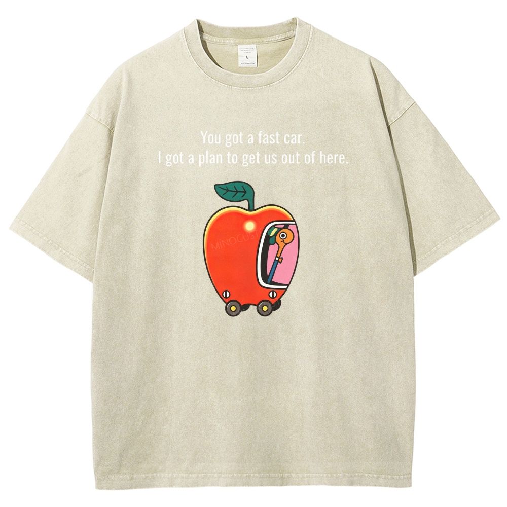 Cartoon Apple Car Whimsical Retro Graphic Washed T-shirt