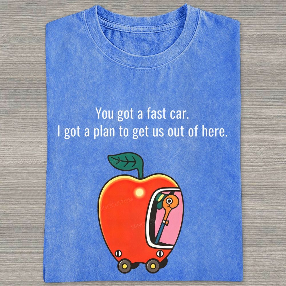 Cartoon Apple Car Whimsical Retro Graphic Washed T-shirt