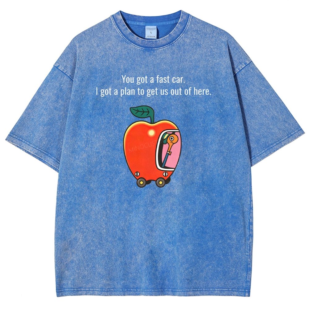 Cartoon Apple Car Whimsical Retro Graphic Washed T-shirt