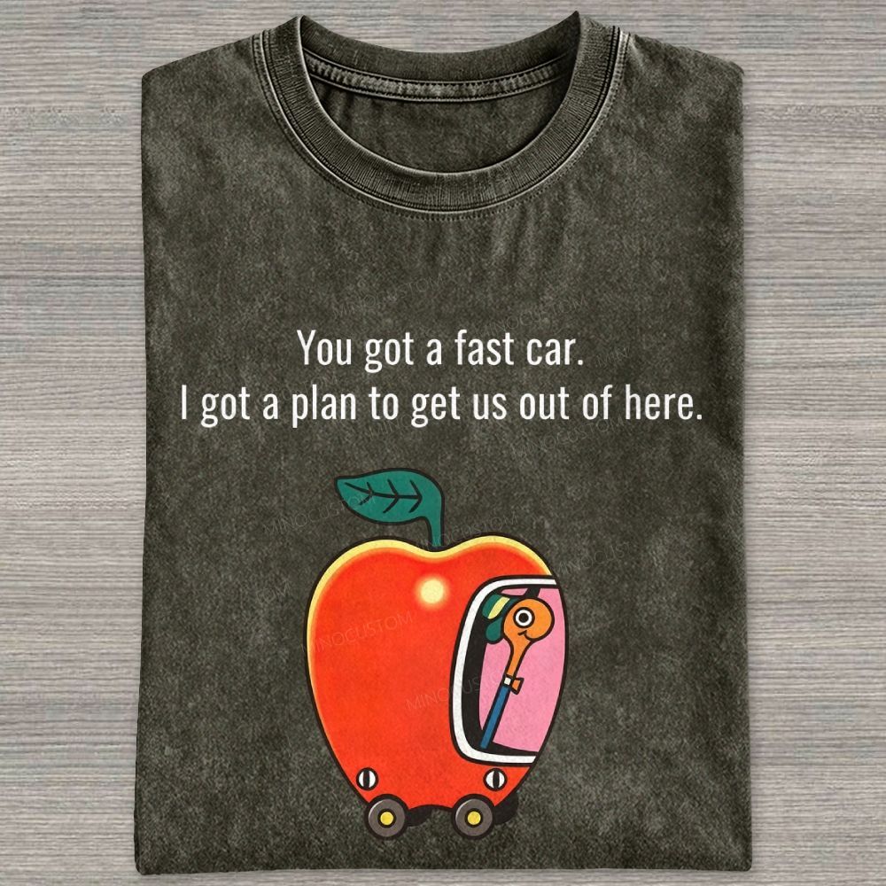 Cartoon Apple Car Whimsical Retro Graphic Washed T-shirt