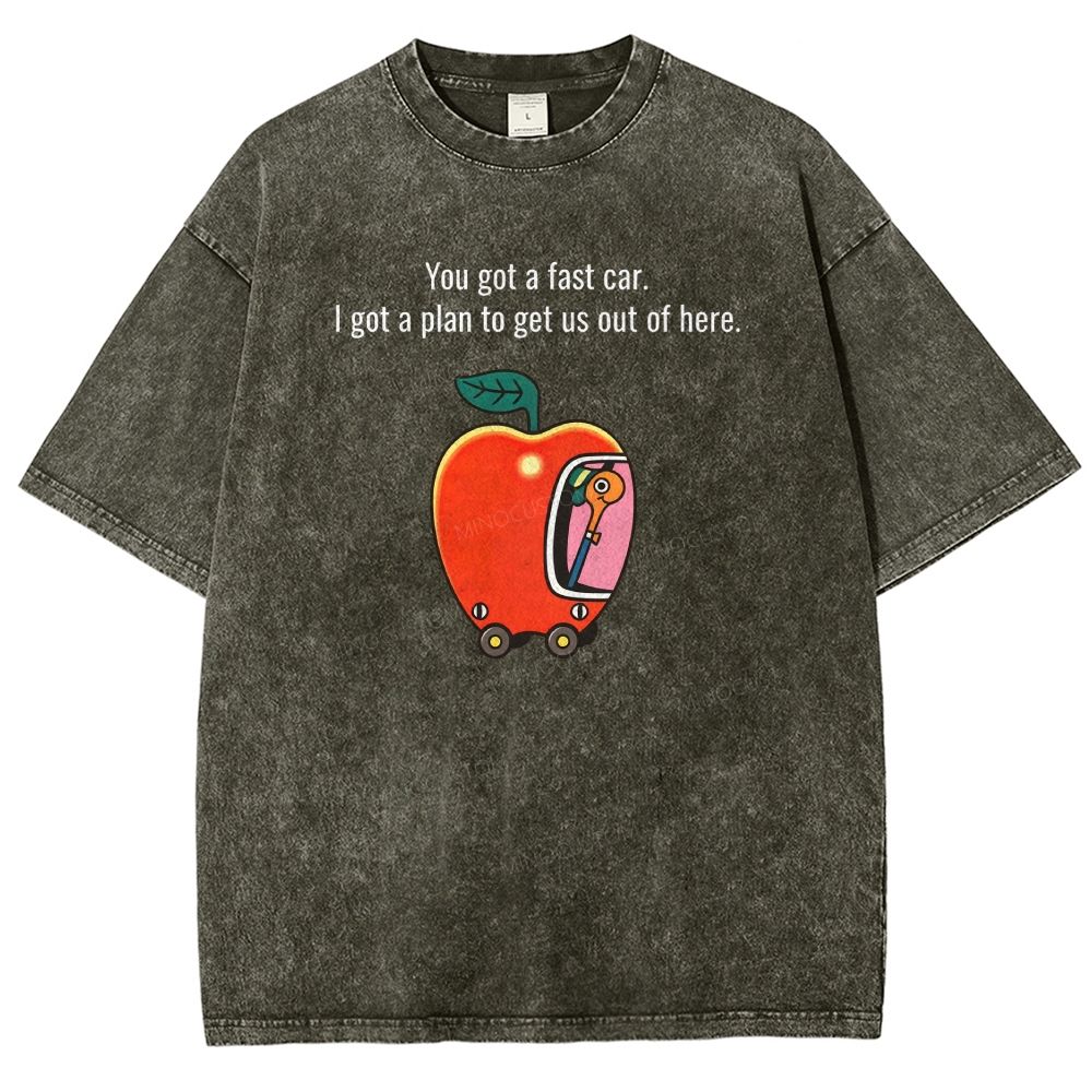 Cartoon Apple Car Whimsical Retro Graphic Washed T-shirt