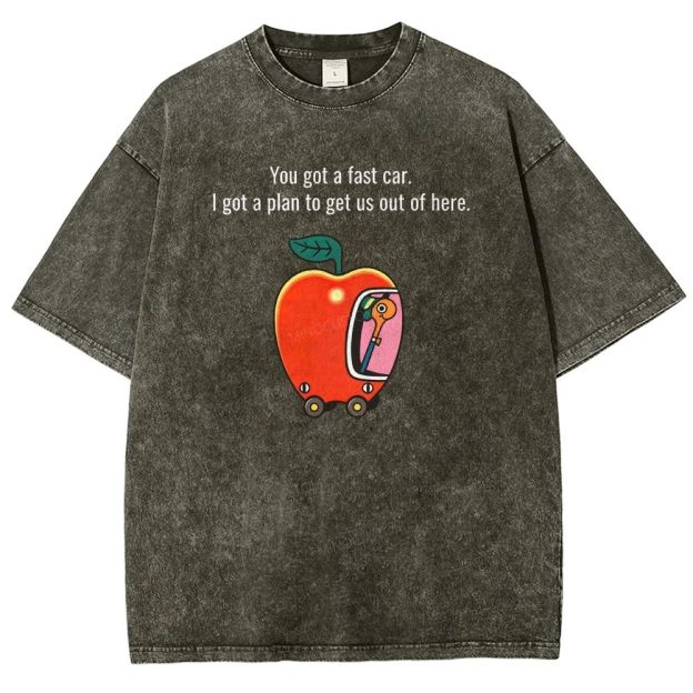 Cartoon Apple Car Whimsical Retro Graphic Washed T-shirt