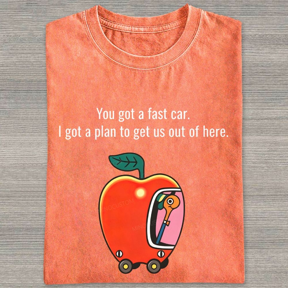 Cartoon Apple Car Whimsical Retro Graphic Washed T-shirt