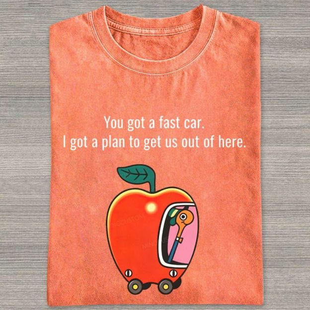 Cartoon Apple Car Whimsical Retro Graphic Washed T-shirt