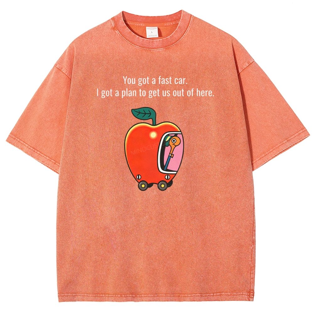 Cartoon Apple Car Whimsical Retro Graphic Washed T-shirt