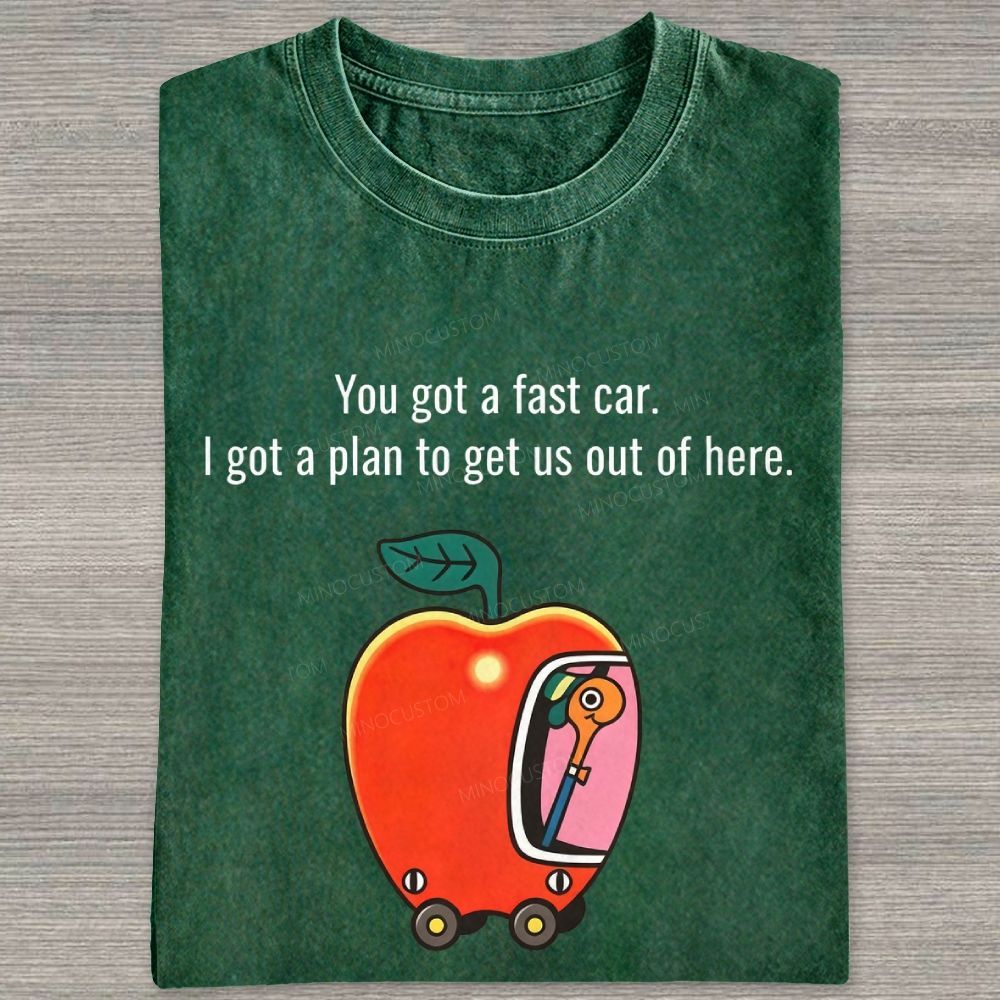 Cartoon Apple Car Whimsical Retro Graphic Washed T-shirt