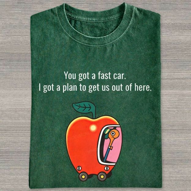 Cartoon Apple Car Whimsical Retro Graphic Washed T-shirt