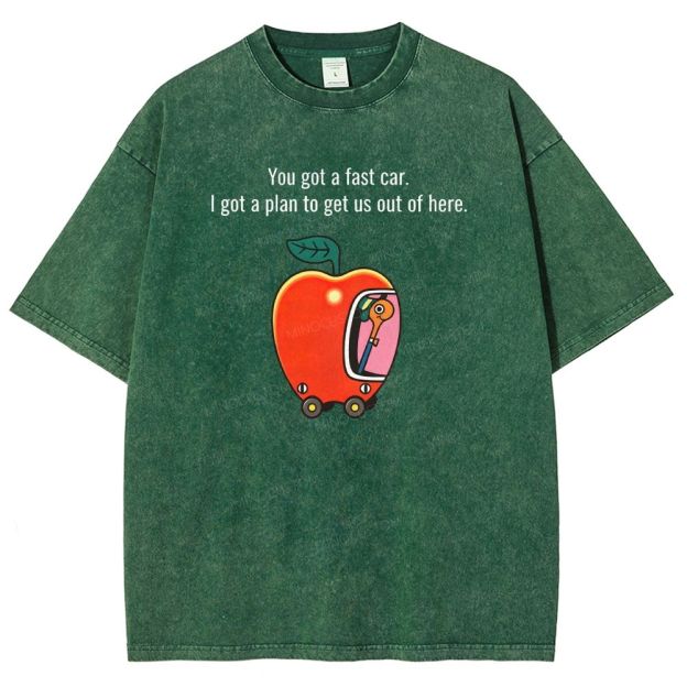 Cartoon Apple Car Whimsical Retro Graphic Washed T-shirt