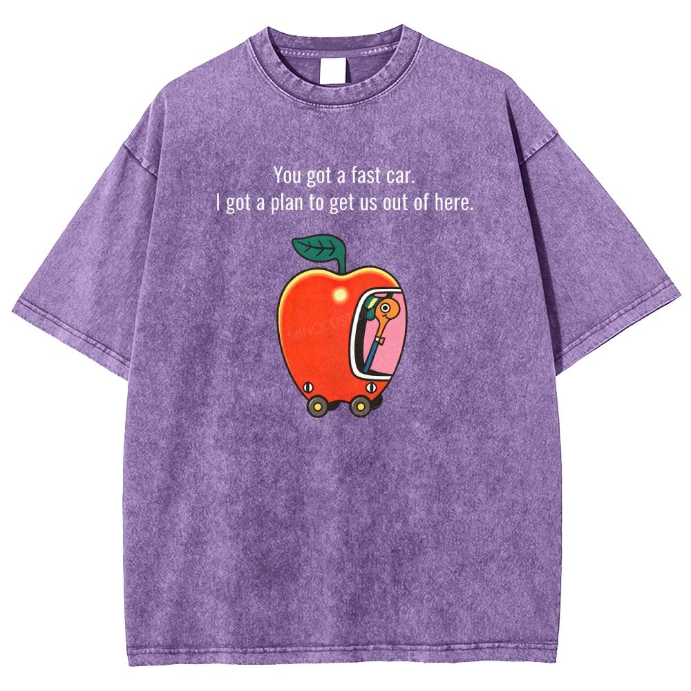 Cartoon Apple Car Whimsical Retro Graphic Washed T-shirt