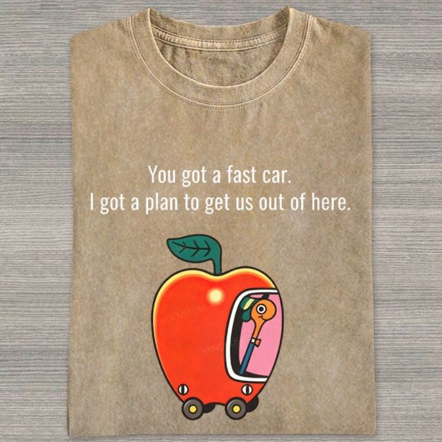 Cartoon Apple Car Whimsical Retro Graphic Washed T-shirt