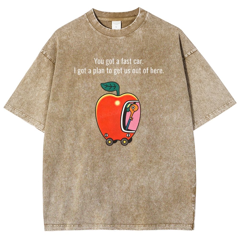 Cartoon Apple Car Whimsical Retro Graphic Washed T-shirt