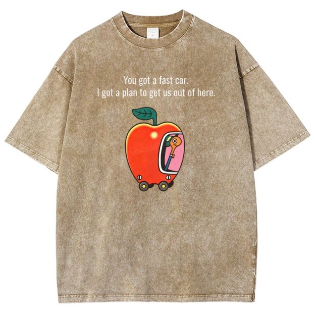 Cartoon Apple Car Whimsical Retro Graphic Washed T-shirt