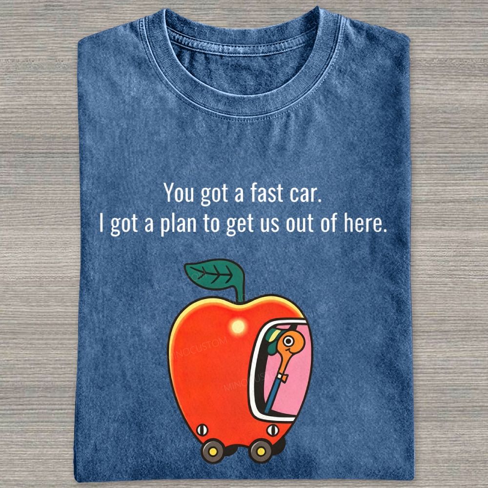 Cartoon Apple Car Whimsical Retro Graphic Washed T-shirt