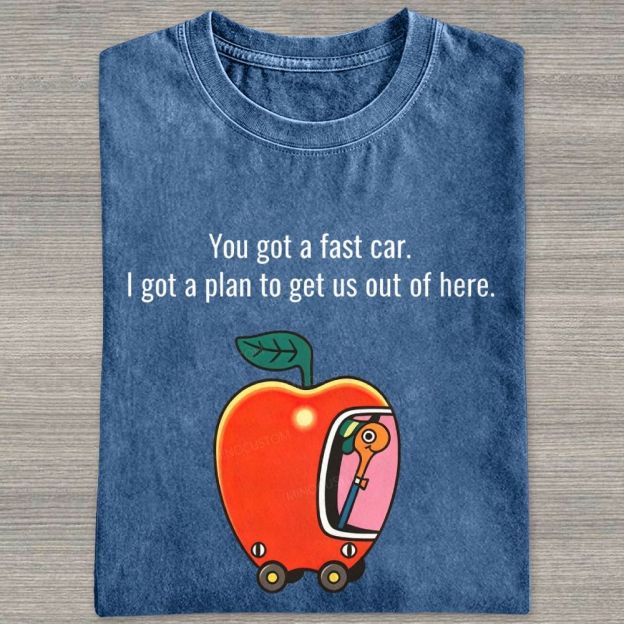 Cartoon Apple Car Whimsical Retro Graphic Washed T-shirt